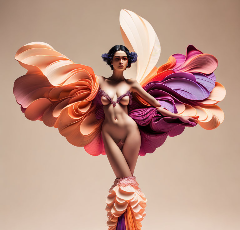 Woman with Colorful Flower-like Fabric Wings in Artistic Pose