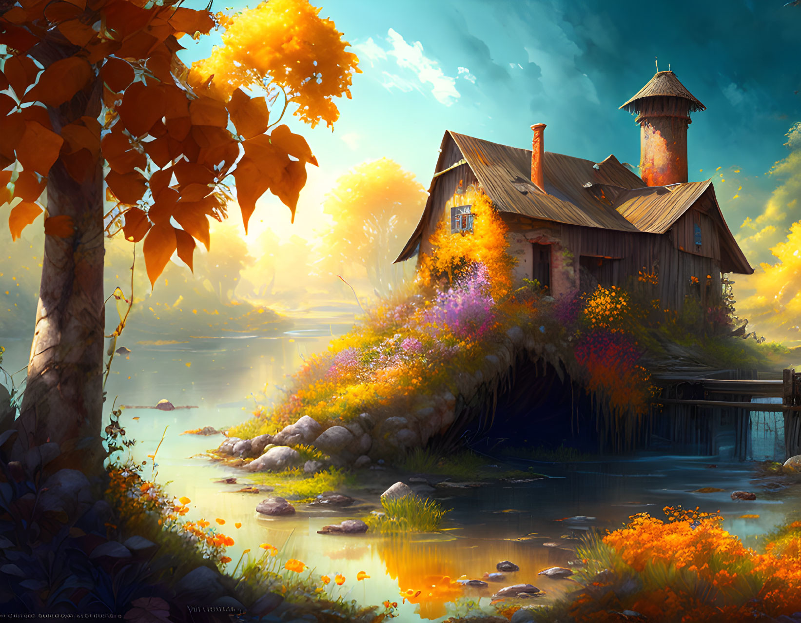 Serene lake house with autumn trees and colorful flowers