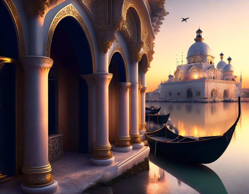 Ornate building with domes and arches reflected on calm water at sunset