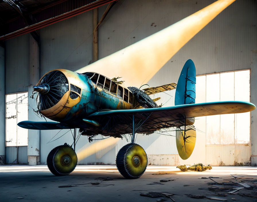 Vintage airplane in hangar with sunlight on weathered blue and yellow paint