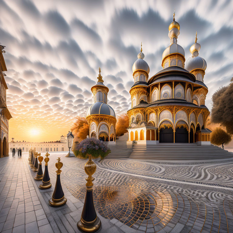 Ornate golden-domed cathedral under dramatic sunset sky