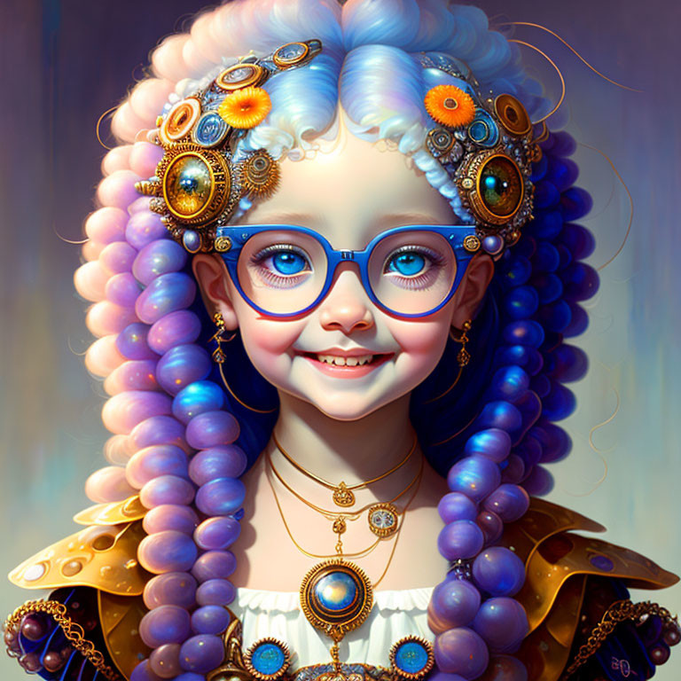 Portrait of a girl with blue curly hair and steampunk-style accessories