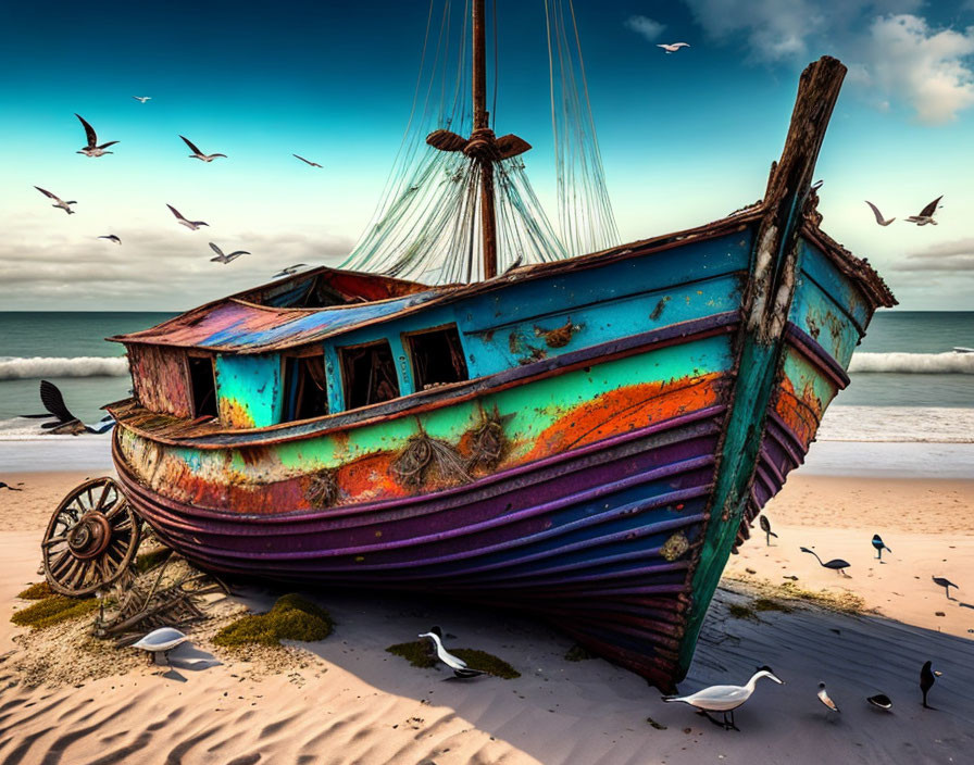 Weathered boat on sandy beach under cloudy sky with seagulls