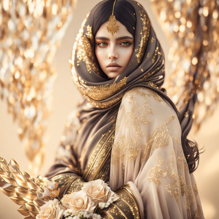 Digitally-created woman in gold hijab with green eyes holding golden roses