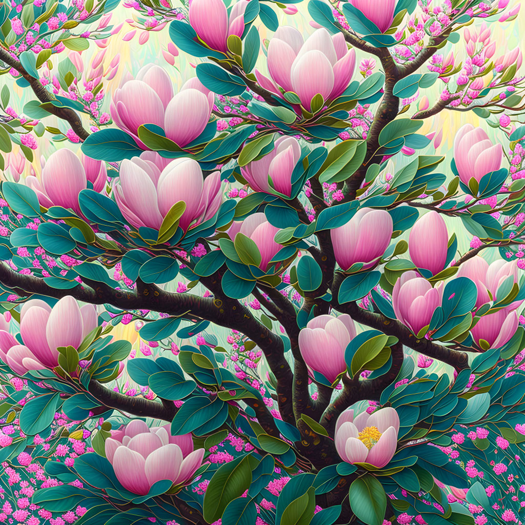 Colorful Magnolia Tree Illustration with Pink and White Flowers