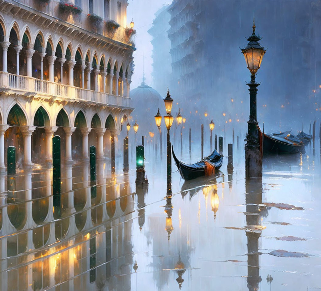 Venice Gondolas Moored in Floodwaters Reflecting Ornate Buildings