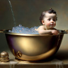 Baby with hair bun in gold bathtub with bubbles and rubber duck