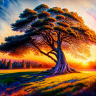 Colorful sunset behind majestic tree in serene meadow