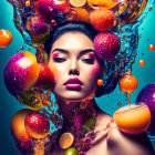 Woman with closed eyes in vibrant fruit and liquid surroundings