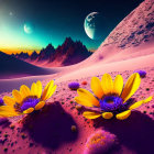 Surreal desert landscape with yellow flowers and purple sand