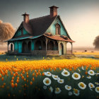 Wooden house with blue roof in field of orange and white flowers under warm sky