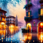 Surreal twilight townscape with golden-lit buildings and starry sky