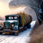 Vintage Truck Driving Through Snowy Landscape with Frosty Trees and Birds in Dusky Sky