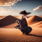 Woman in flowing dress in desert dunes under vast sky