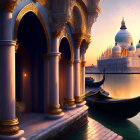 Ornate building with domes and arches reflected on calm water at sunset