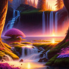 Fantasy landscape with glowing tree, waterfalls, and silhouetted figures