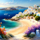 Scenic beach with blue waters, white sand, blue & white houses, purple flowers, and sailing