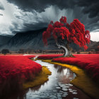 Vibrant red tree in monochrome landscape with reflective pond and ominous clouds