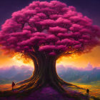 Colorful artwork: Large tree with pink foliage, sunset sky, mountains, birds, and people.