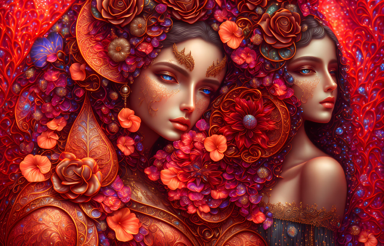 Detailed illustration: Two women in ornate floral patterns and vibrant colors, exuding fantasy and elegance.