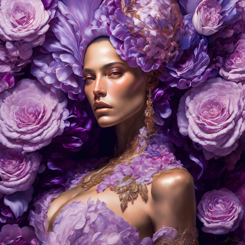 Woman with Striking Features Surrounded by Purple Roses and Floral Attire