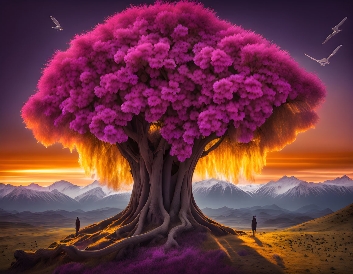 Colorful artwork: Large tree with pink foliage, sunset sky, mountains, birds, and people.