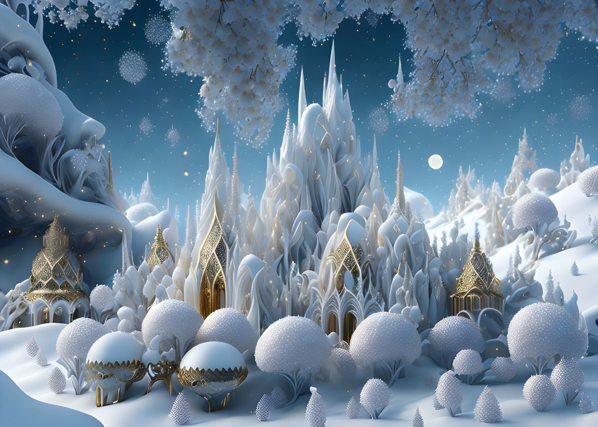 Enchanted ice castle in snowy winter landscape