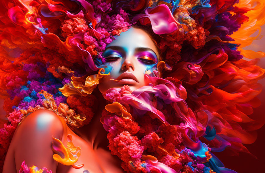 Colorful Smoke and Flowers Surround Woman with Vivid Makeup