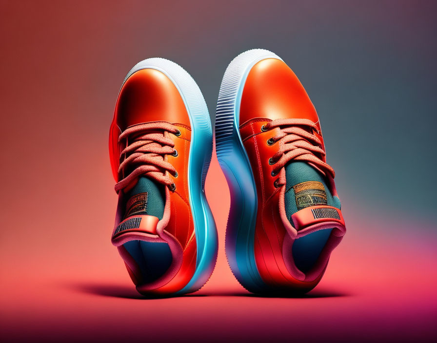 Modern sneakers with red to blue gradient, white soles, brown laces on pink to purple background