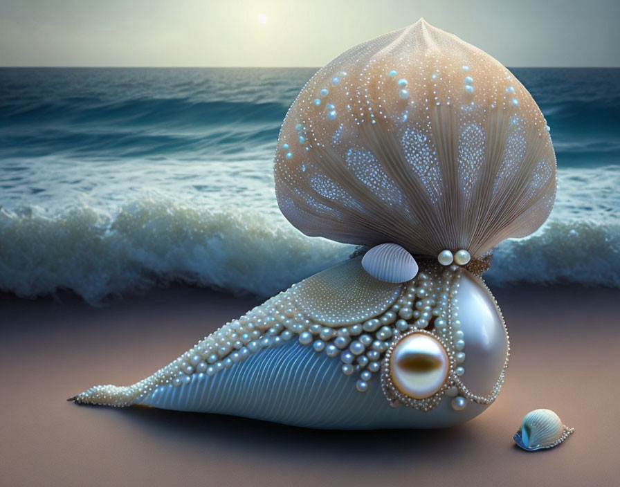 Fanciful sea snail with pearl-adorned shell in serene ocean sunset