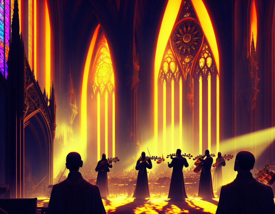 Silhouetted musicians perform in warm-lit gothic cathedral