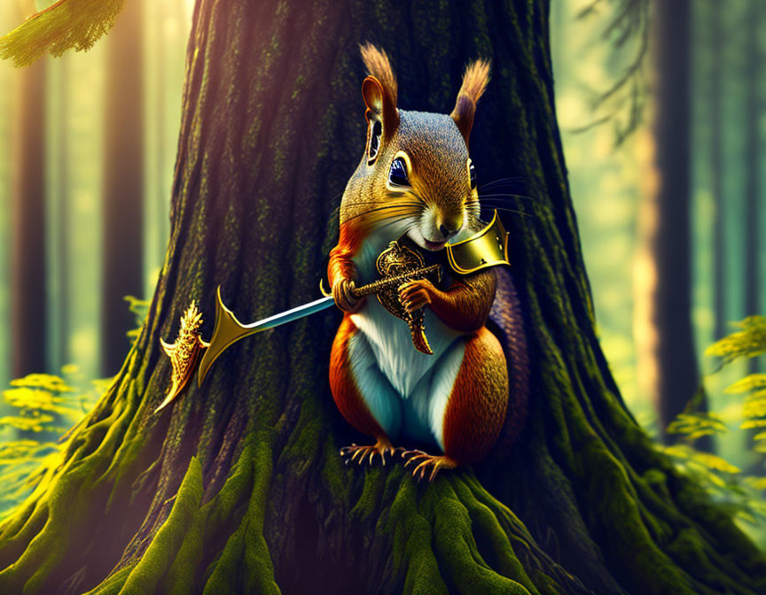 Illustration of squirrel with sword and shield by tree