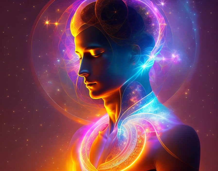 Profile portrait with cosmic energy and glowing elements symbolizing spirituality.