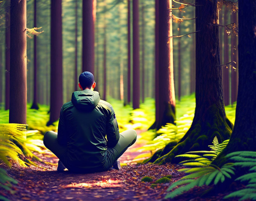 Person in Green Jacket Sitting in Forest Surroundings