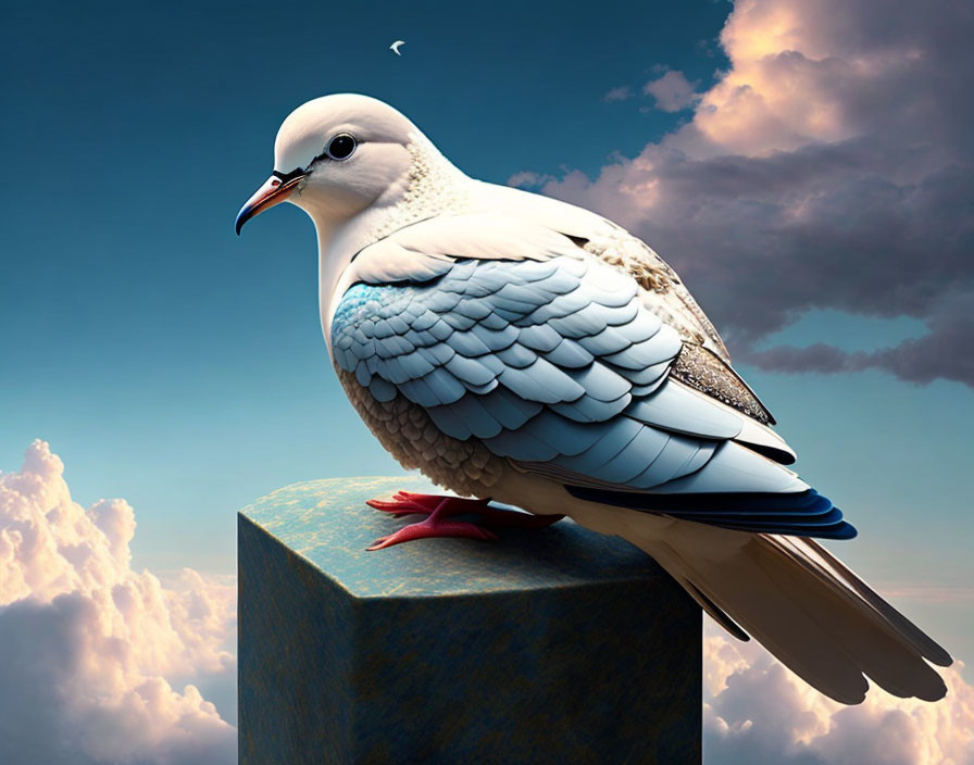 Detailed digital artwork: Large pigeon on pillar in surreal style