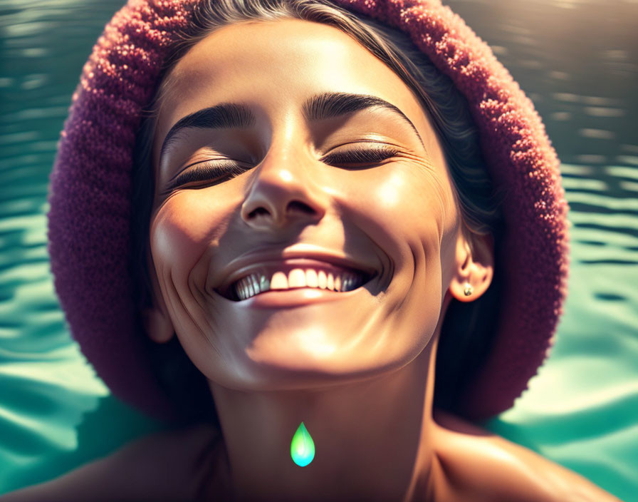 Smiling woman in pink headband floating in clear blue water