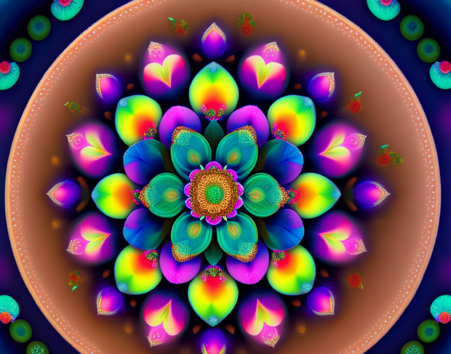 Colorful Digital Fractal Art: Neon Flower Pattern on Dark Background