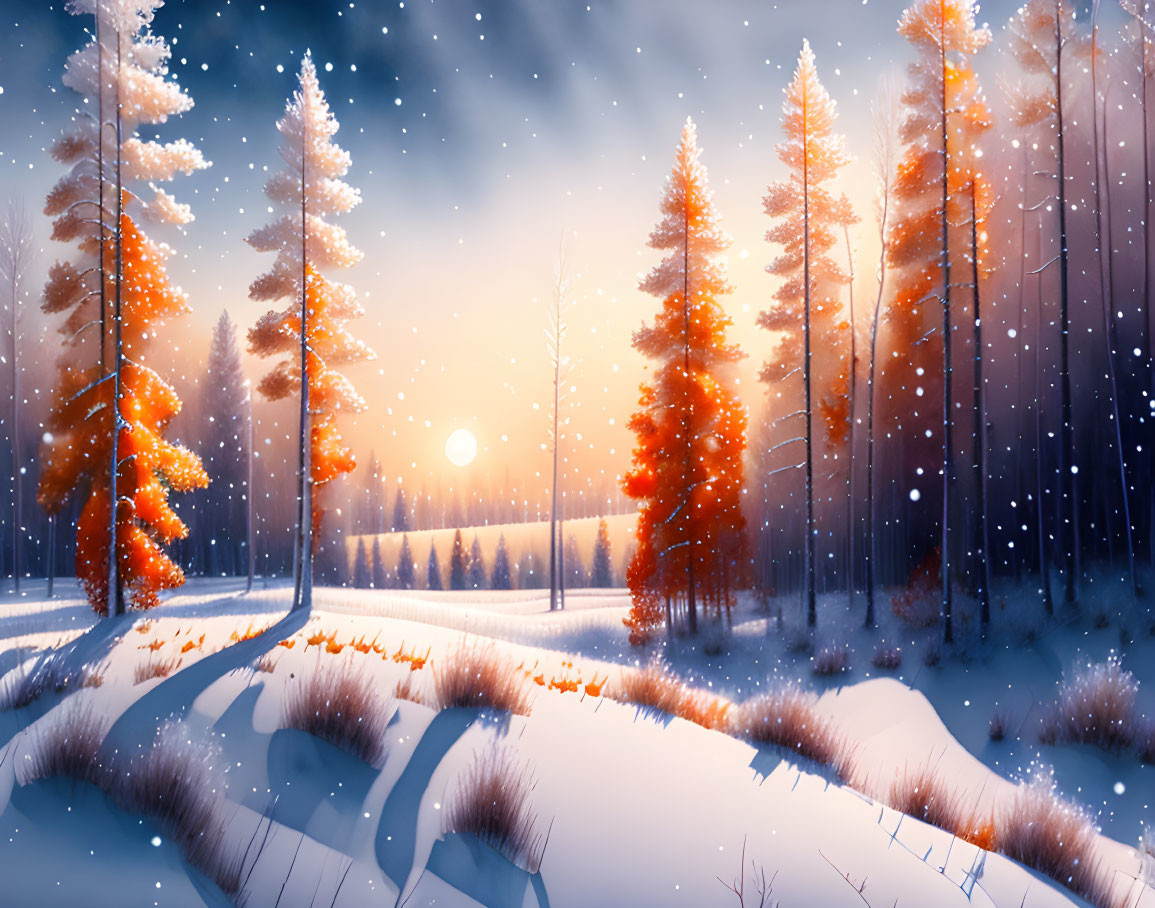 Snow-covered winter landscape with mixed trees and setting sun