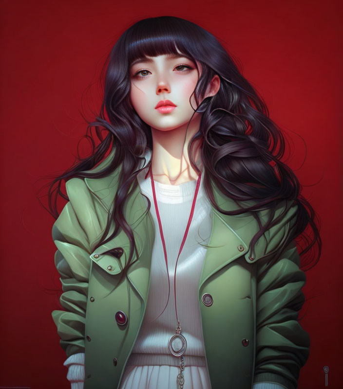 Digital artwork: Woman with long black hair, green jacket, white top, red background