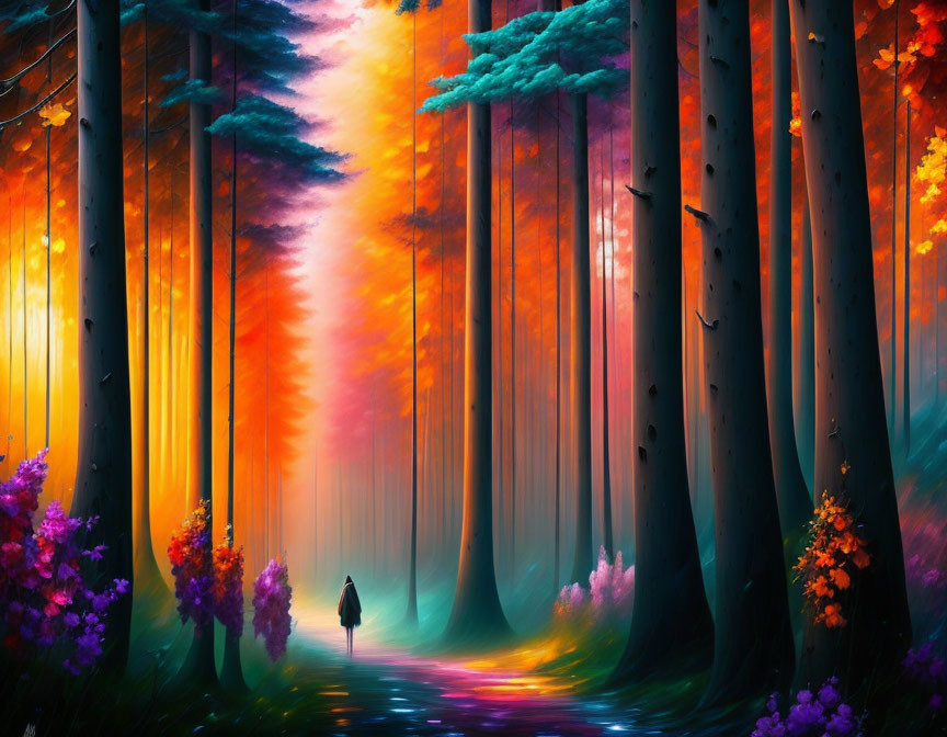 Colorful forest path at sunset with lone figure among tall trees and flowers.