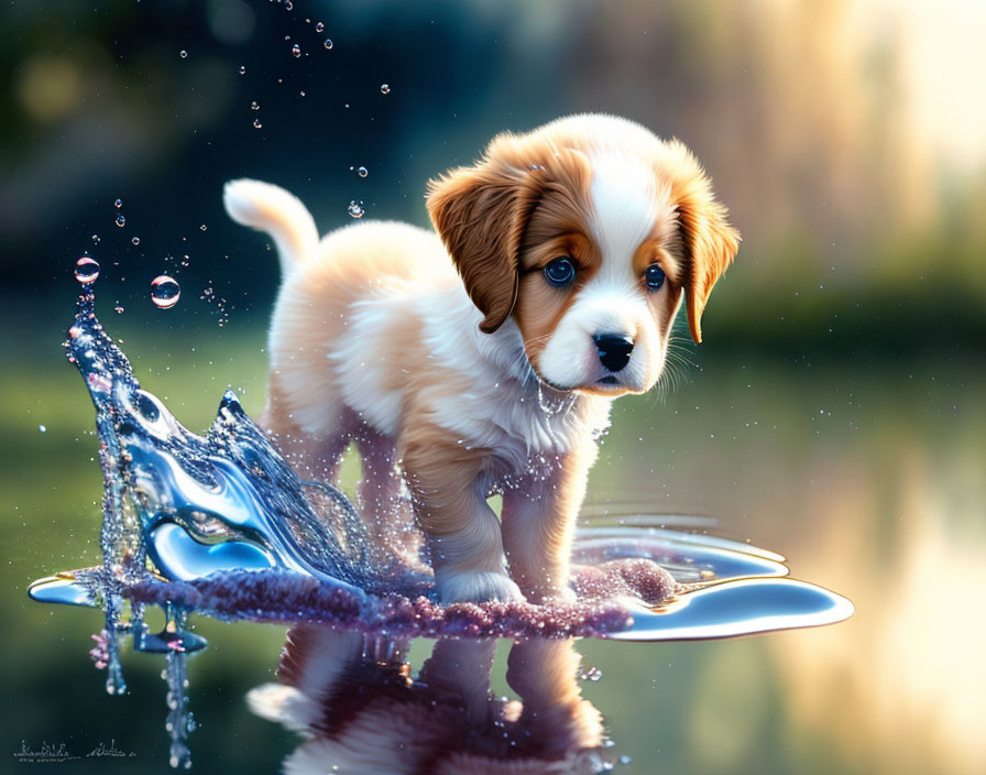 Brown and White Puppy with Blue Eyes on Reflective Surface splashing water.