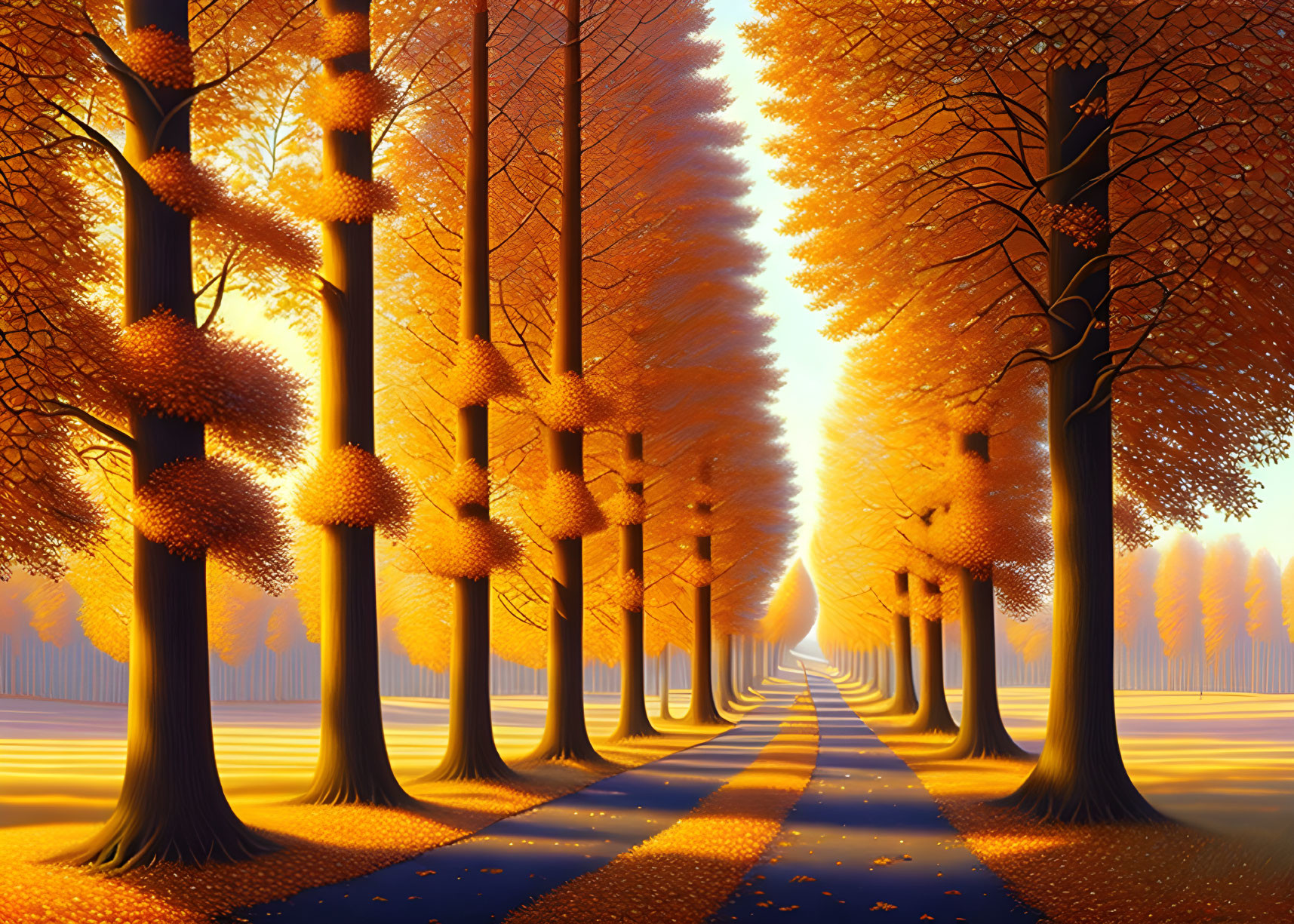 Tranquil sunset scene with tree-lined path and golden autumn leaves