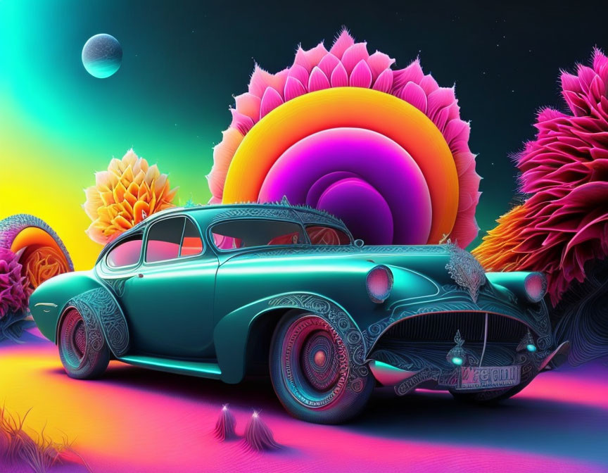 Vibrant digital artwork: vintage car, neon flowers, moon