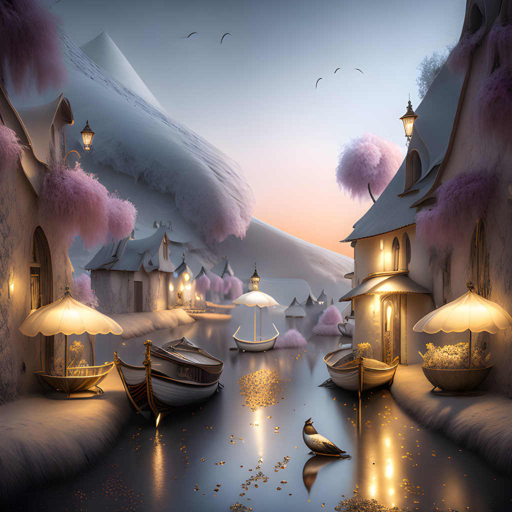 Snow-covered winter village with pink trees, glowing lanterns, boats on river