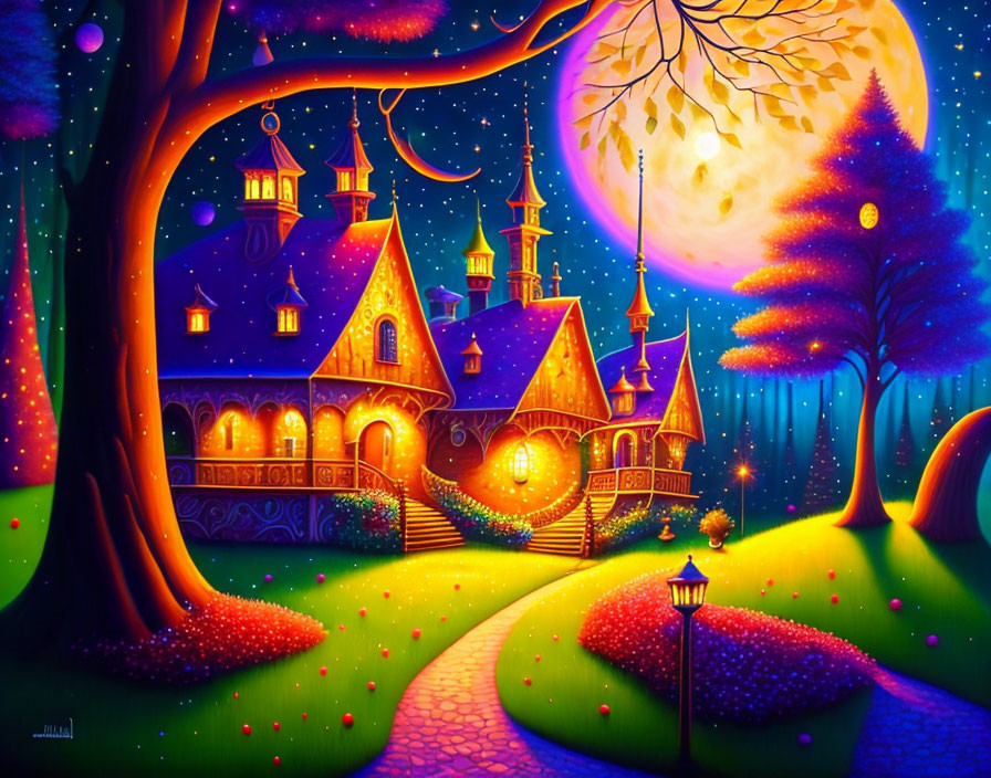 Fantasy landscape at night with whimsical cottage and glowing trees