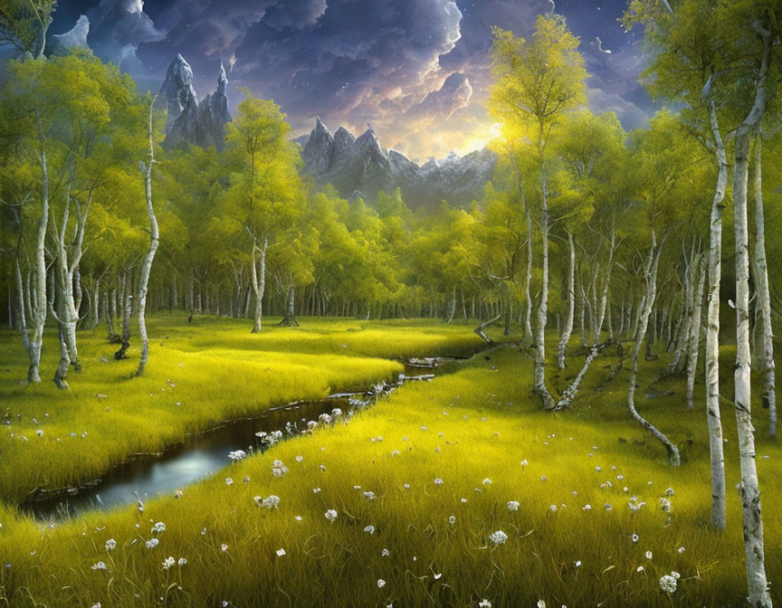 Tranquil birch forest landscape with stream and cloudy sky