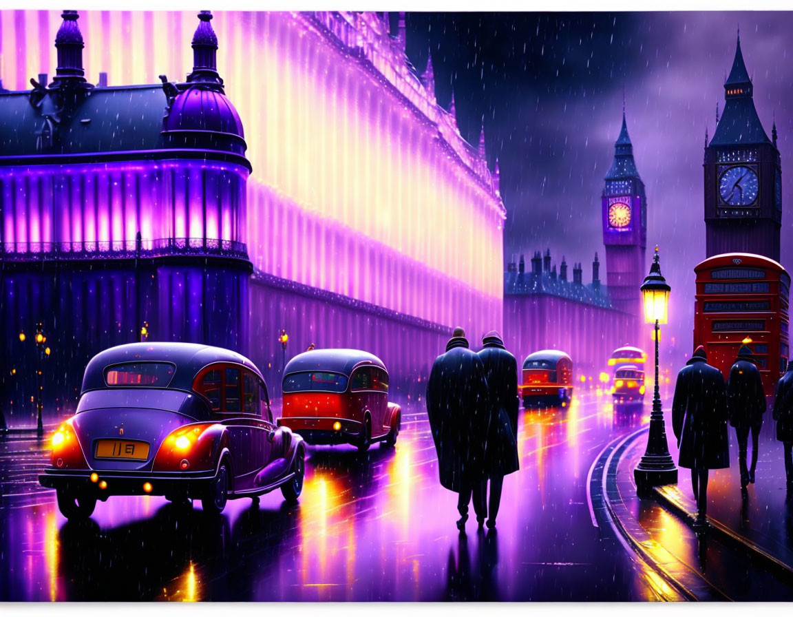 Rainy evening street scene with classic cars, Big Ben, and red phone booth under city lights