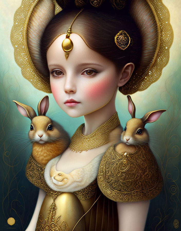 Fantasy portrait of girl with large adorned headwear holding two rabbits