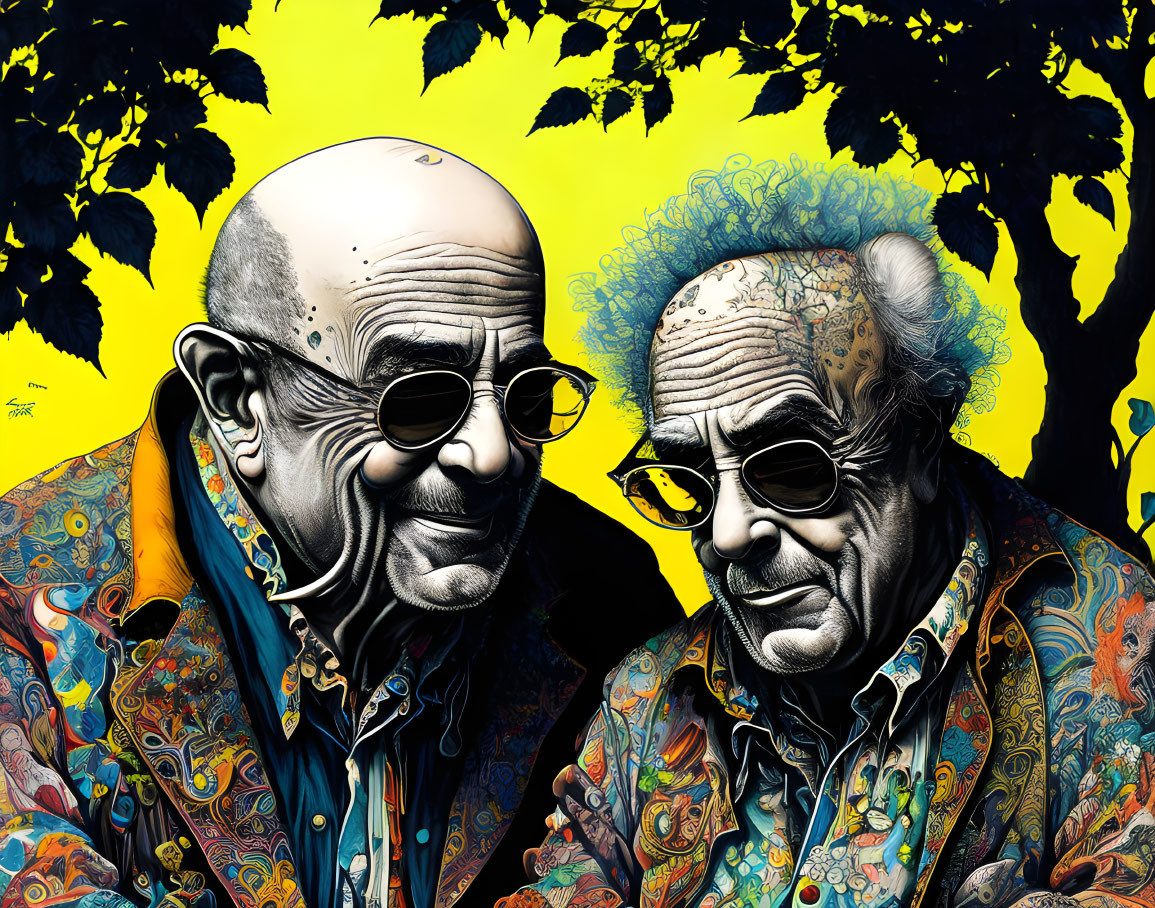 Elderly Men in Sunglasses in Psychedelic Art Style