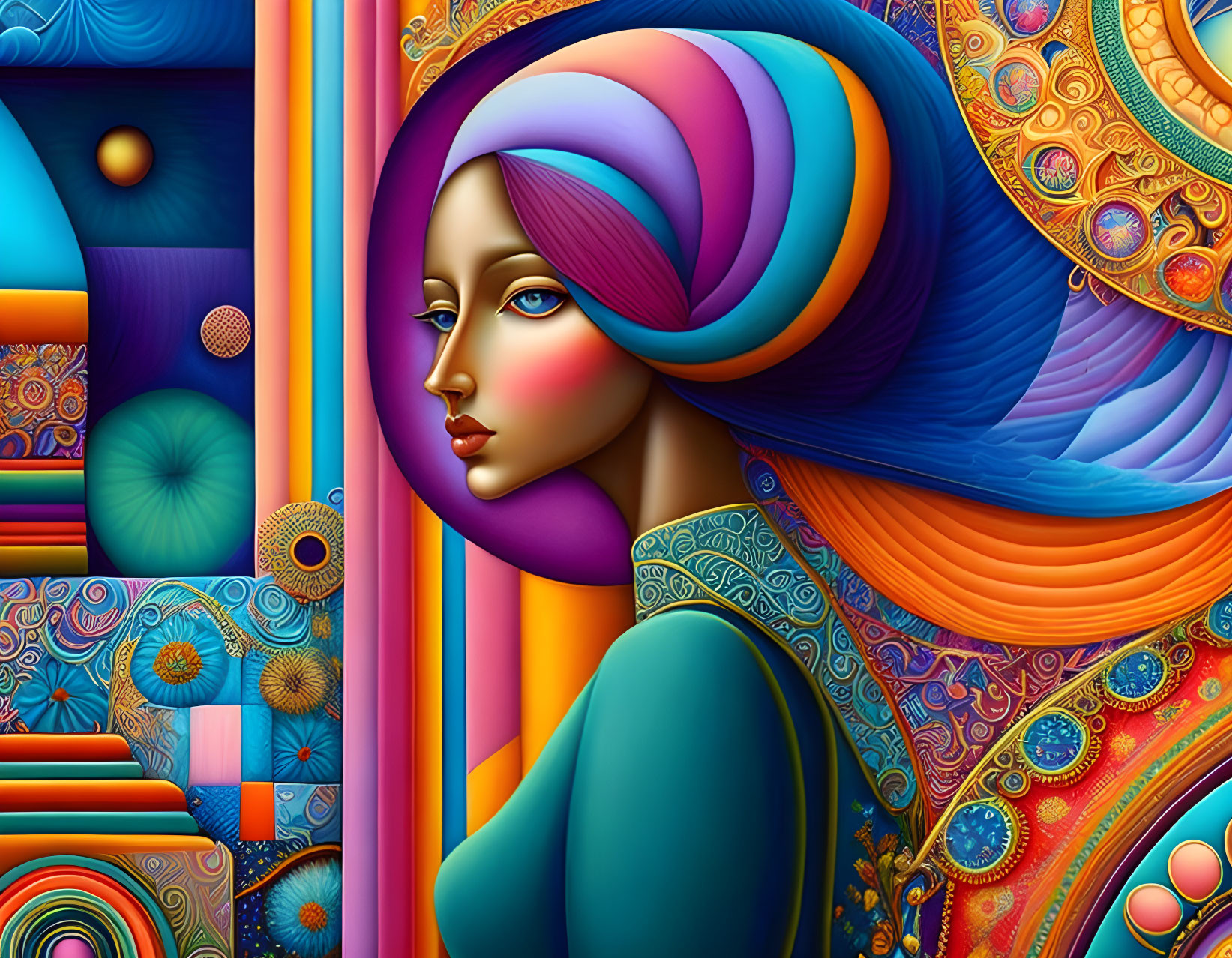 Colorful Digital Artwork: Stylized Woman with Turban & Patterns